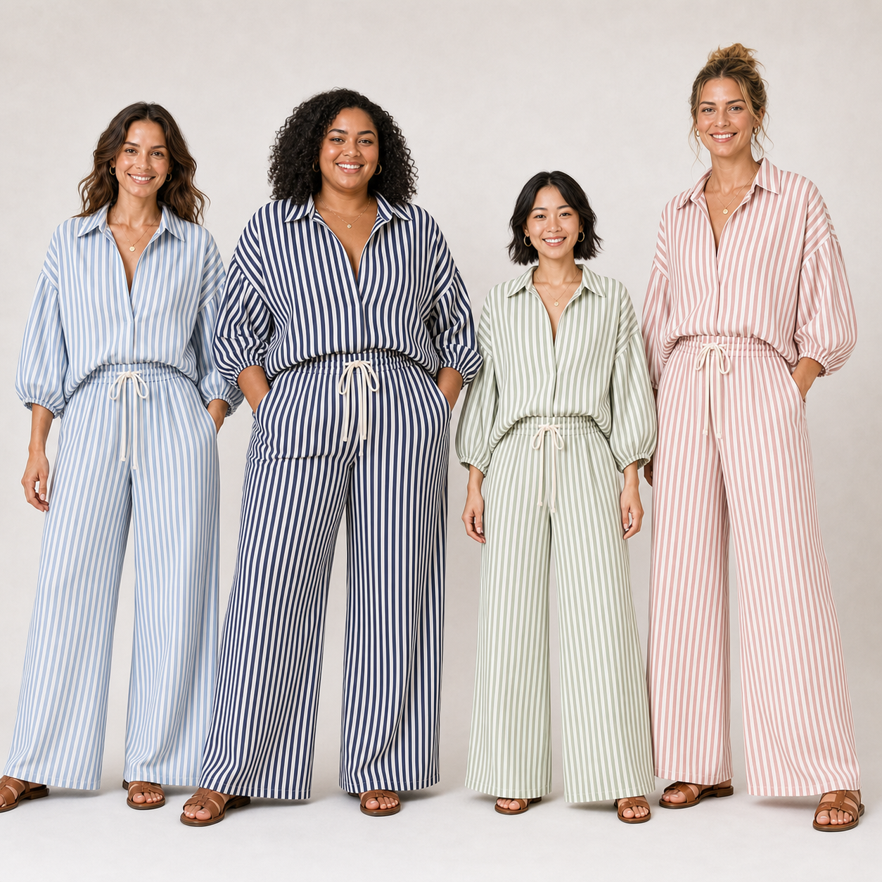 Four women wearing blue navy sage and rose striped pants sets
