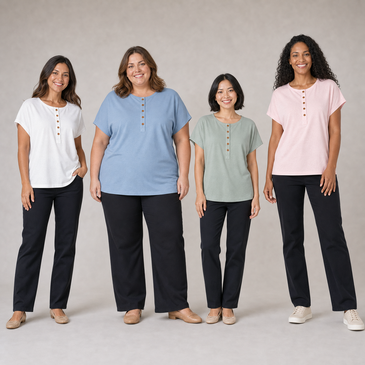 Four women wearing soft white, dusty blue, sage and blush Henley tops