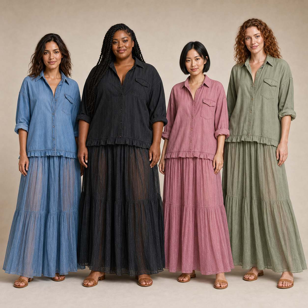 Four women wearing blue black dusty rose and sage skirt sets