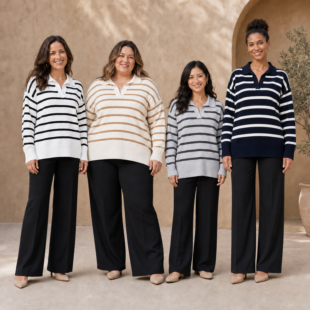Four women wearing striped knit tops in pack A colors