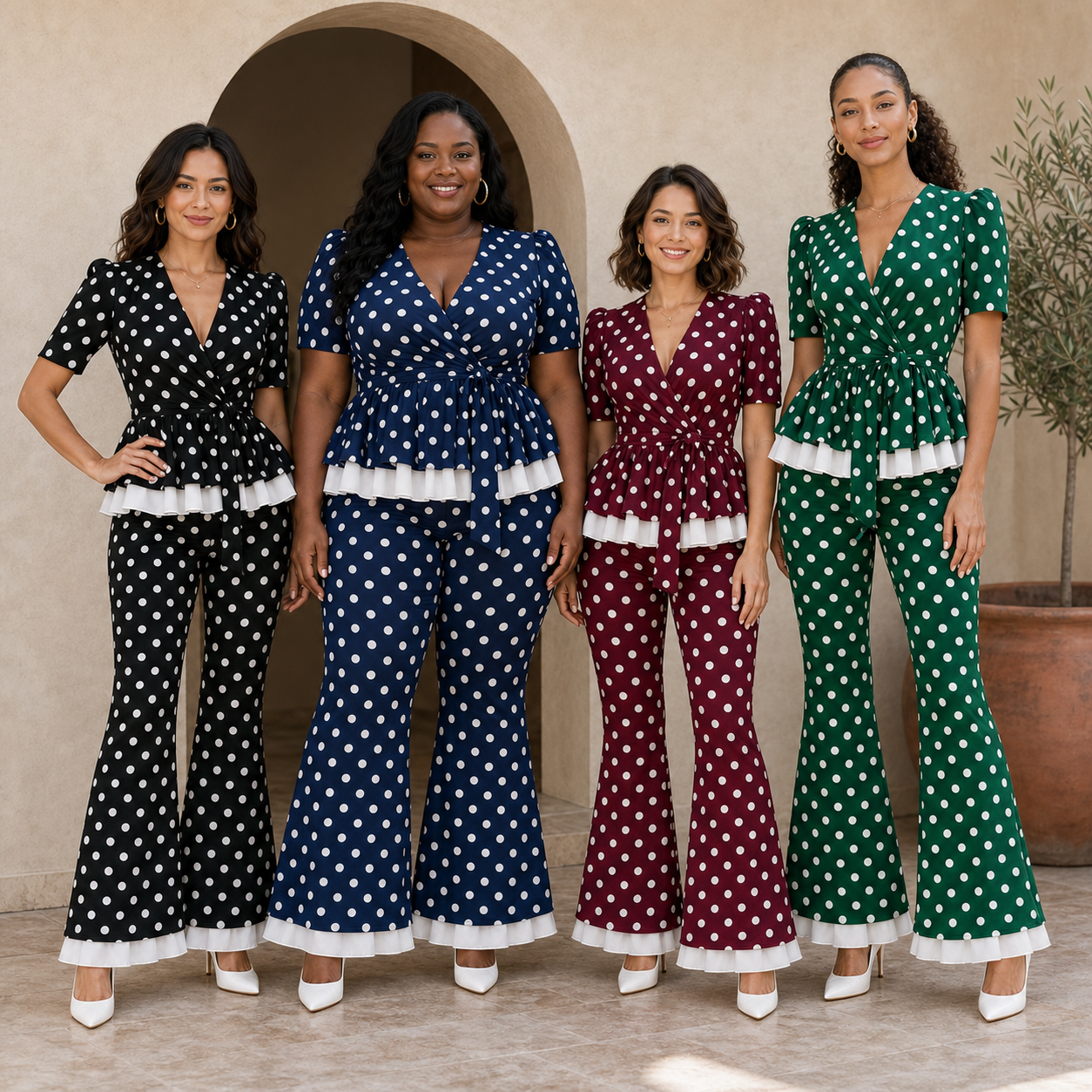 Four women wearing polka dot two-piece colors from mixed pack A