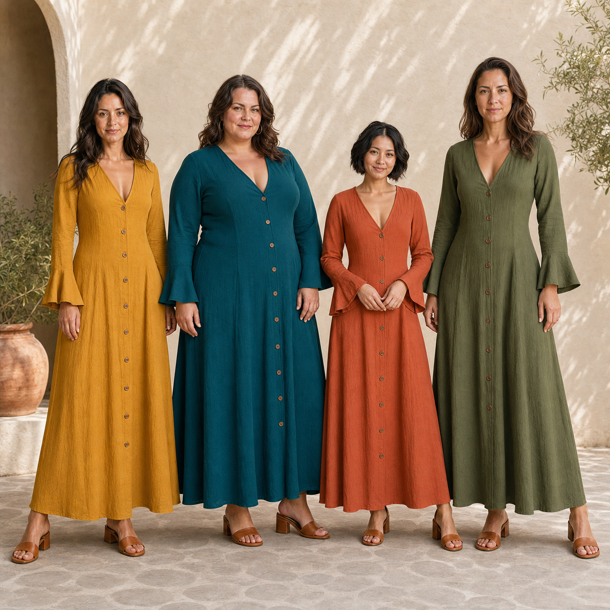 Four women wearing mustard teal terracotta and olive maxi dresses