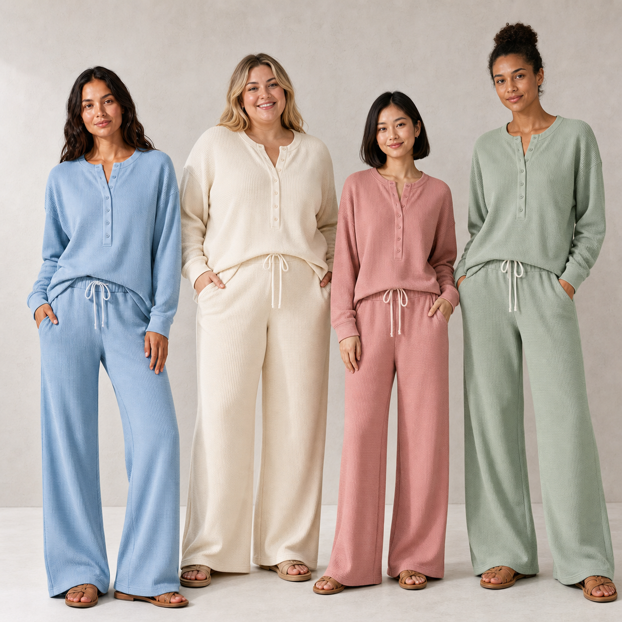 Four women wearing pack A waffle Henley lounge set colors