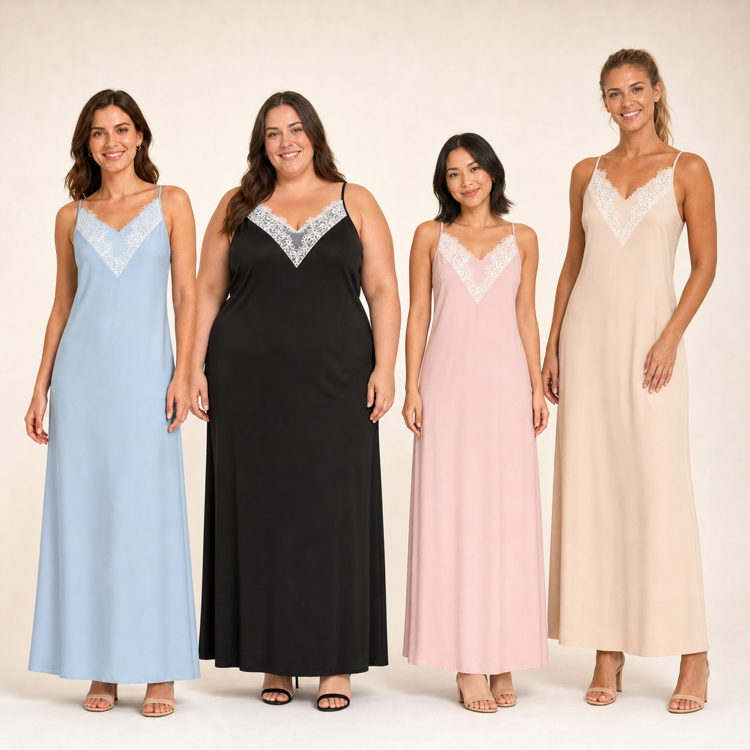 Four women wearing blue black blush and champagne lace trim maxi dresses