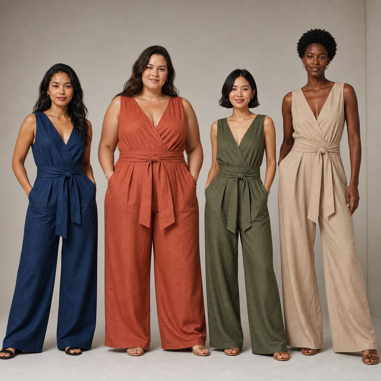 Four women wearing navy terracotta olive and sand wide-leg jumpsuits