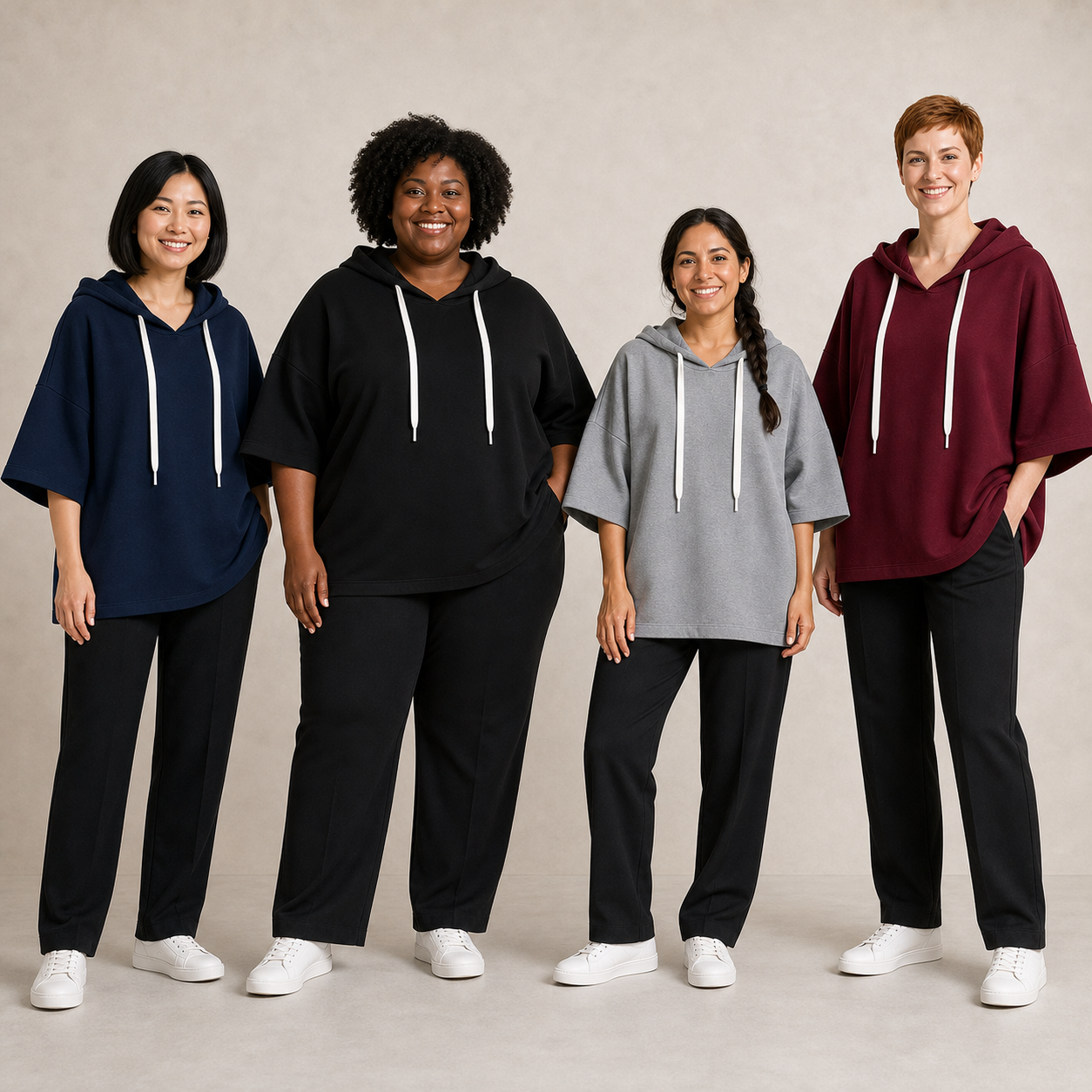 Four women wearing mixed four pack A short-sleeve hoodies
