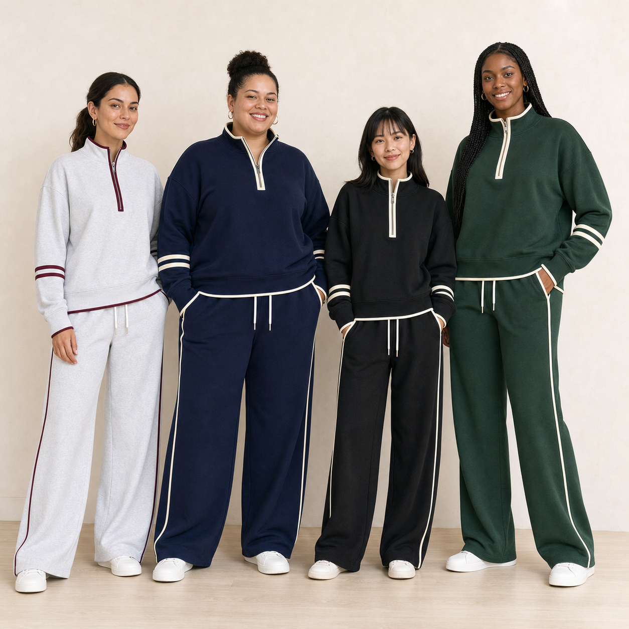 Four women wearing pack A contrast half-zip set colors