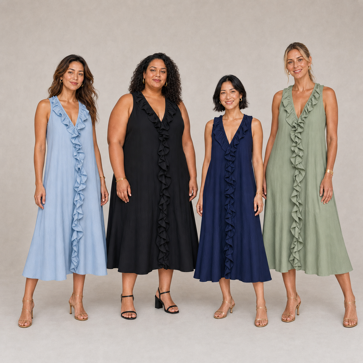 Four women wearing powder blue black navy and sage ruffle midi dresses