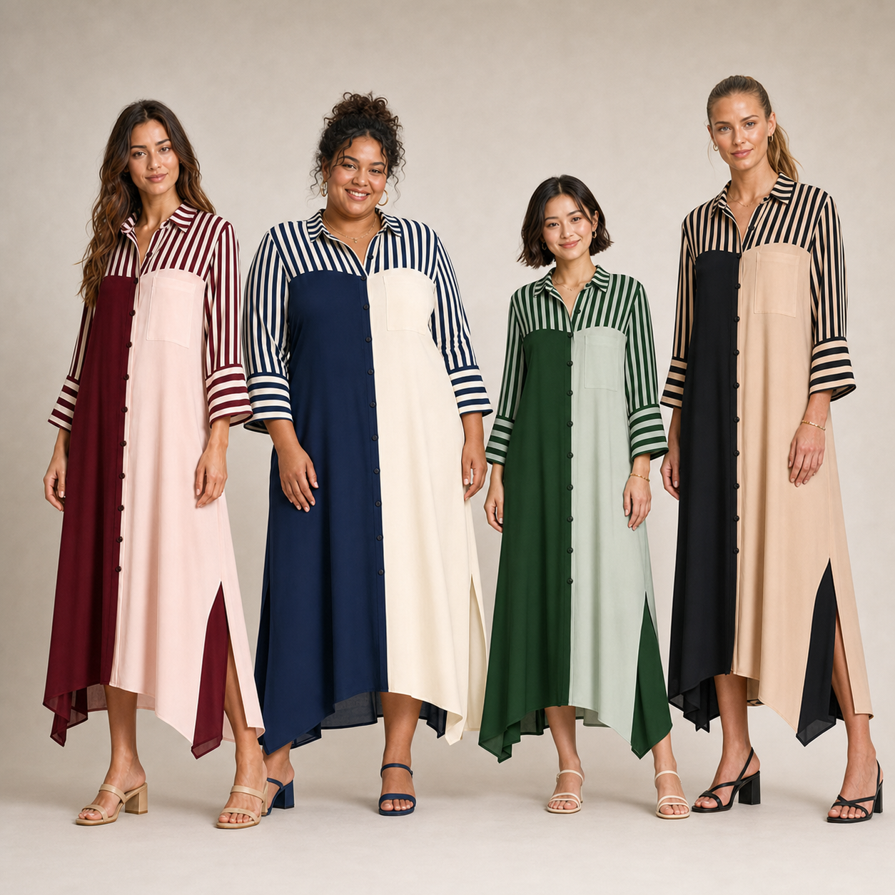 Four women wearing mixed four pack A shirt dresses