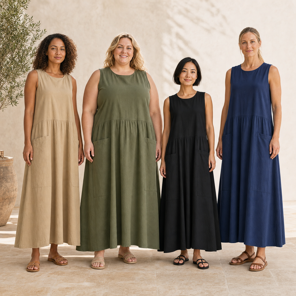 Four women wearing utility maxi dress colors from mixed pack A