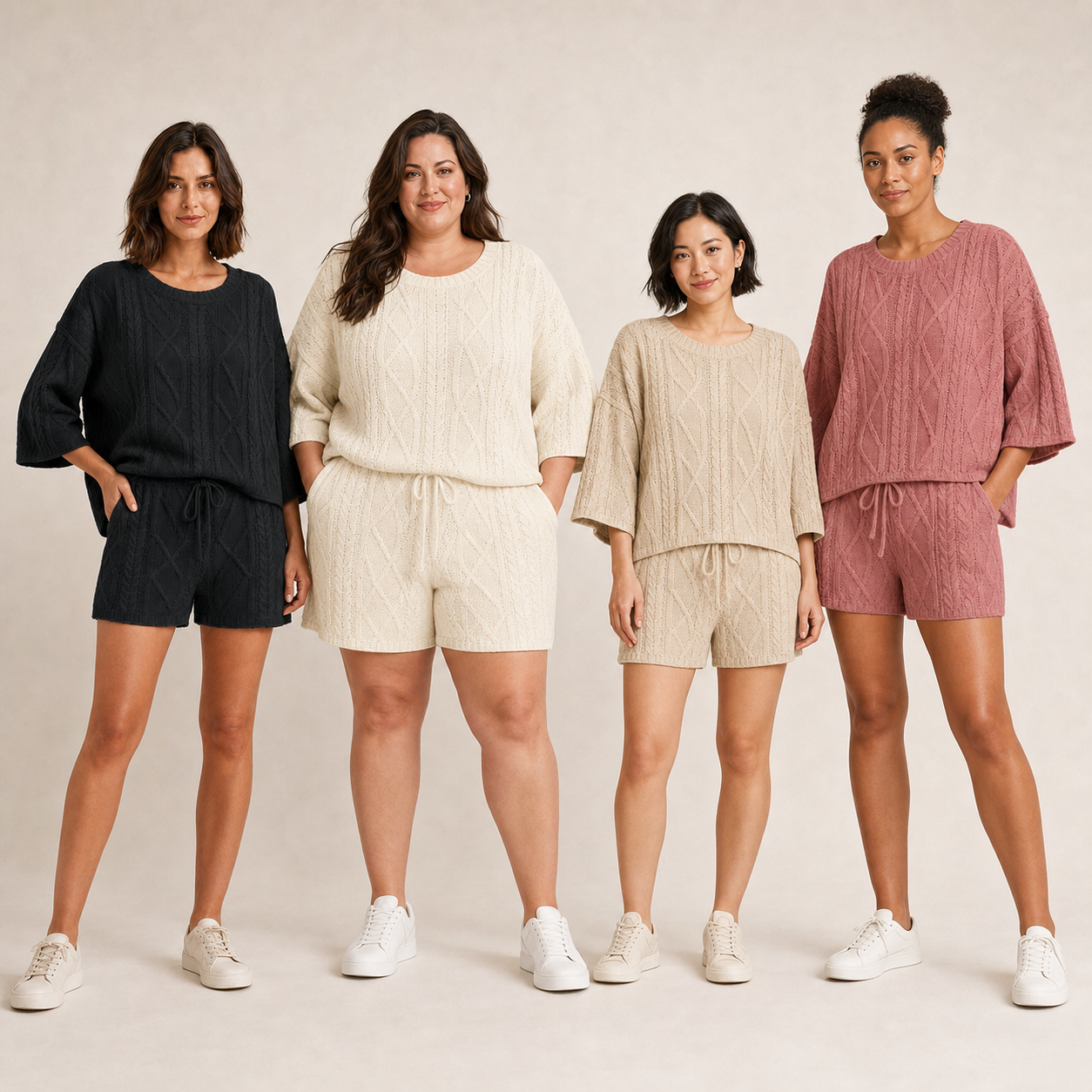 Four women wearing charcoal ivory oatmeal and dusty rose knit sets