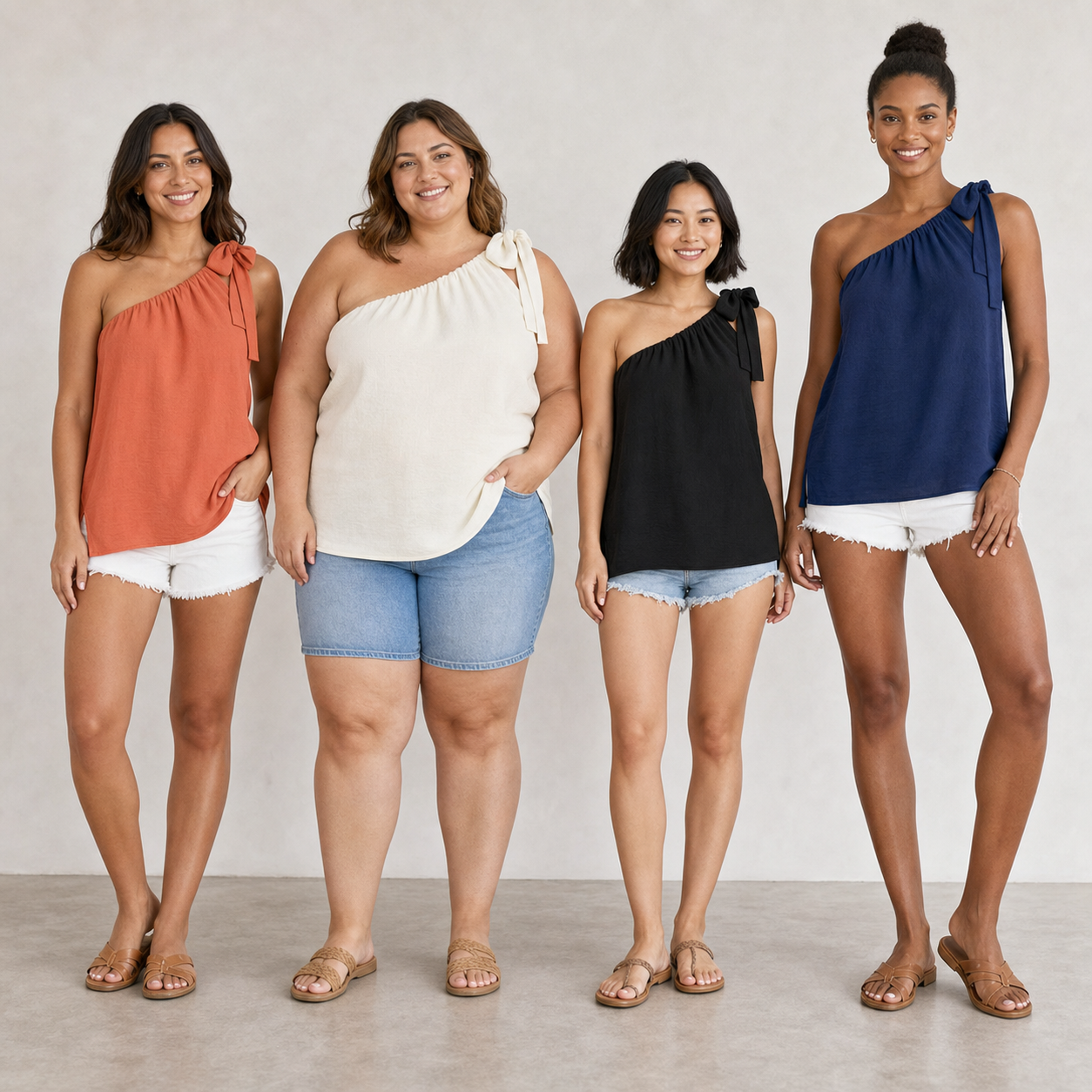 Four women wearing coral, ivory, black and navy one-shoulder tops