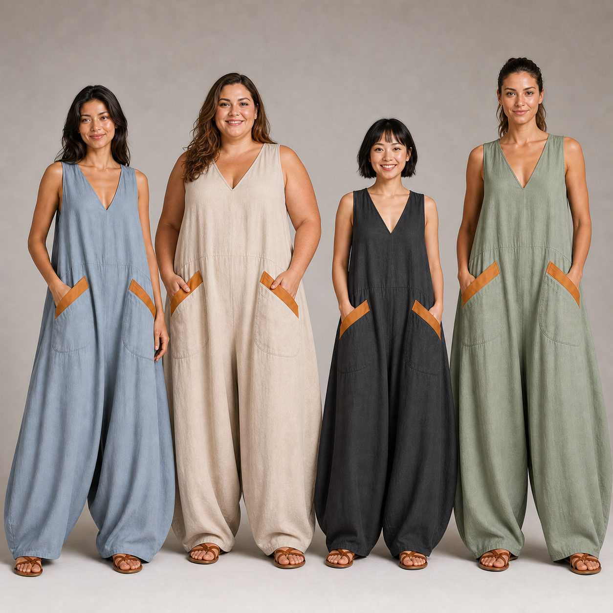 Four women wearing pack A contrast-pocket jumpsuit colors