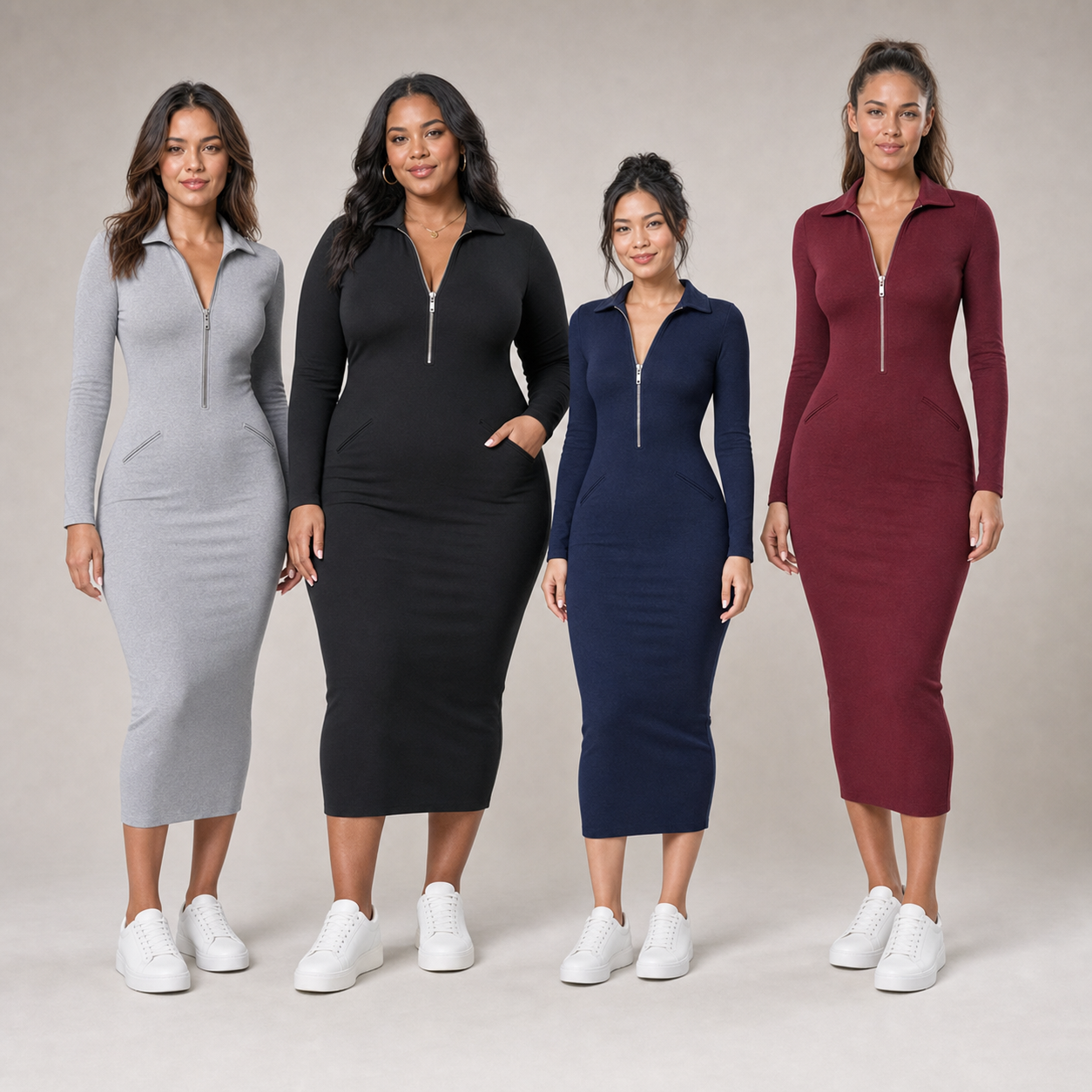 Four women wearing gray black navy and burgundy half-zip midi dresses