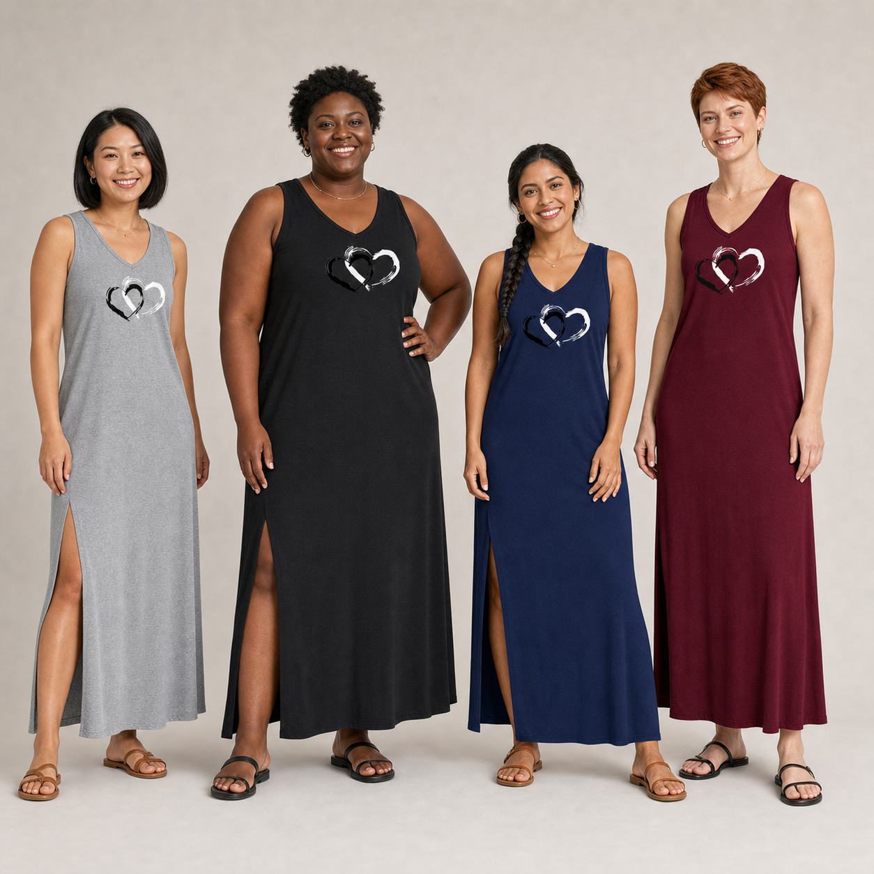 Four women wearing mixed four pack A double-heart maxi dresses