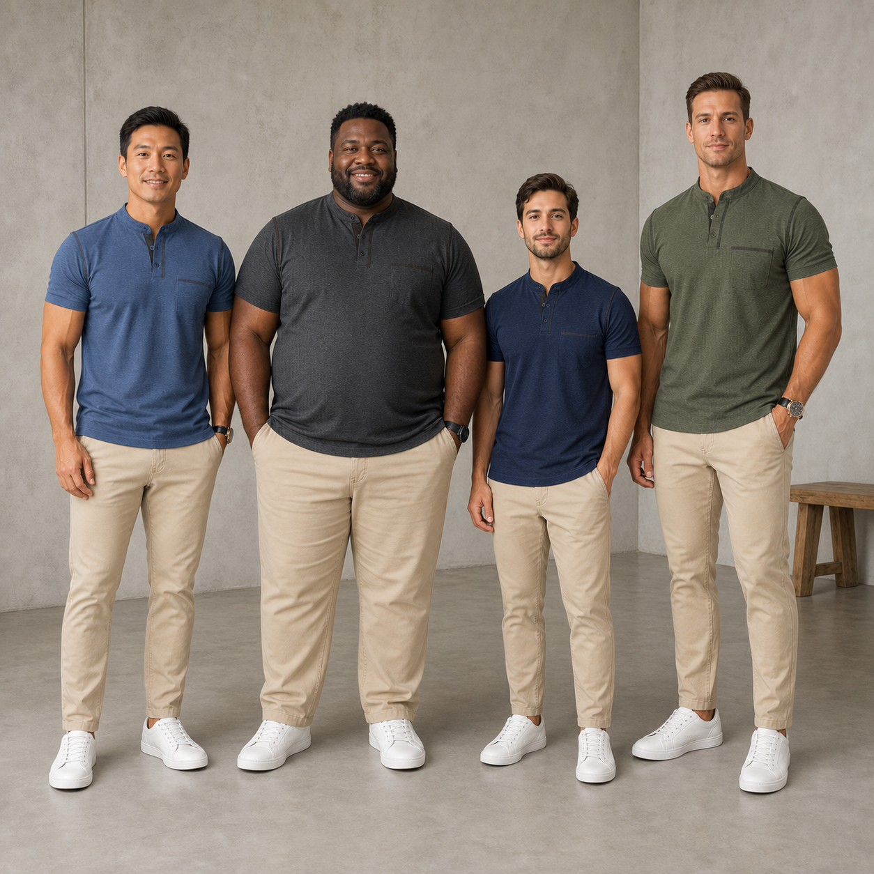 Four men wearing coordinated short sleeve Henley shirts