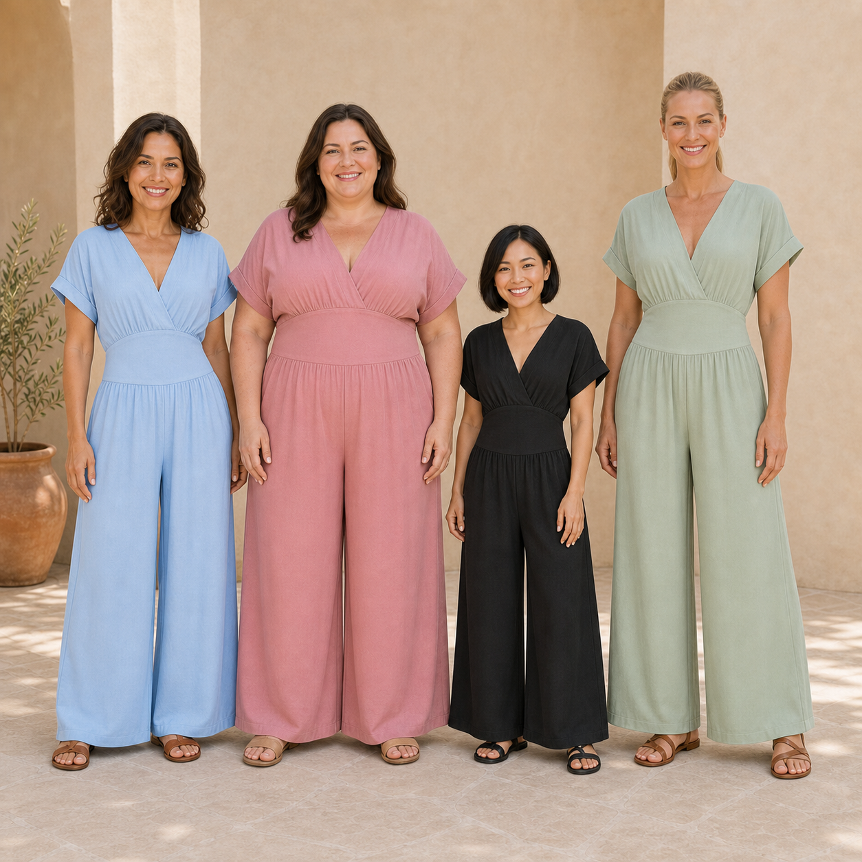Four women wearing wide-leg jumpsuit colors from mixed pack A