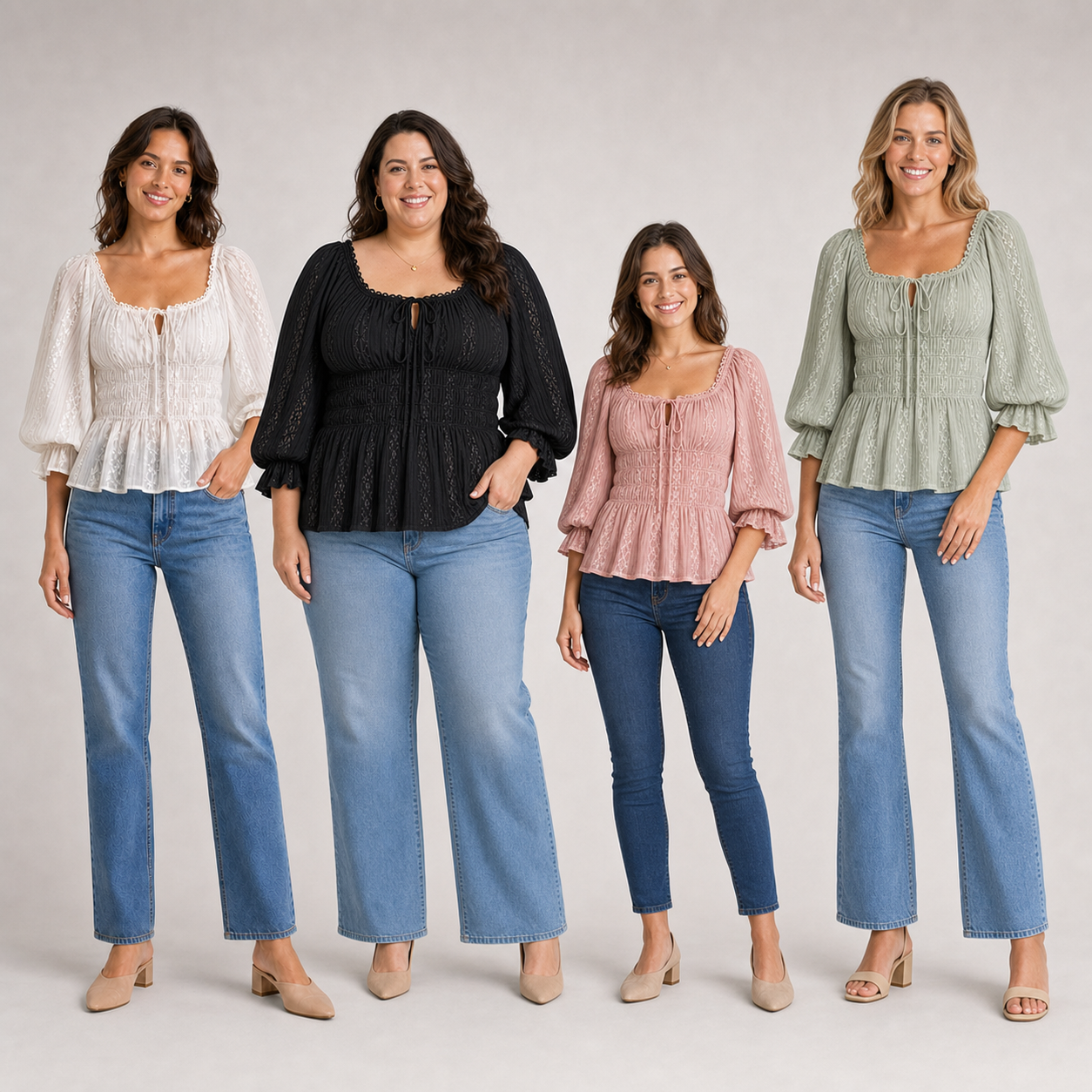 Four women wearing ivory black dusty rose and sage lace blouses