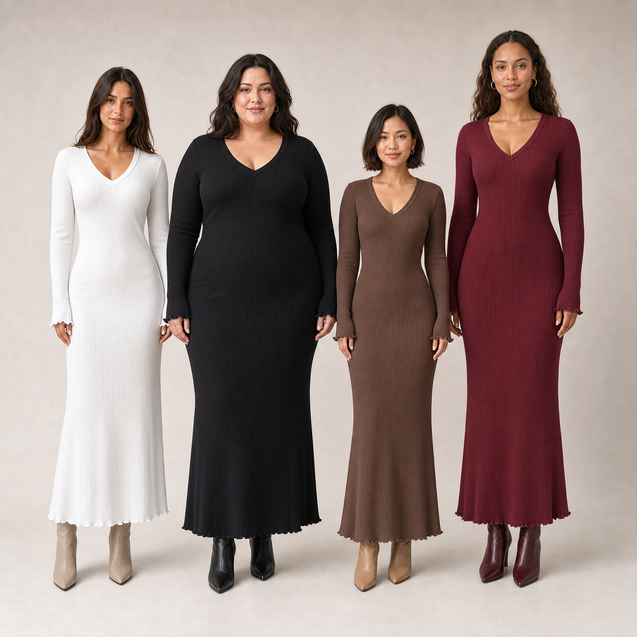 Four women wearing white black cocoa and burgundy ribbed maxi dresses