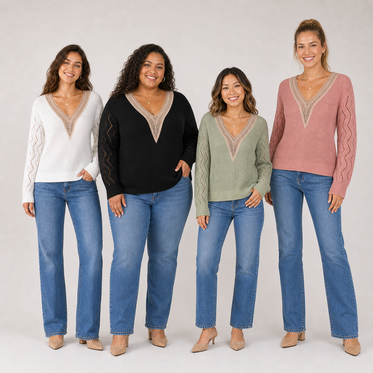 Four women wearing pack A openwork knit top colors