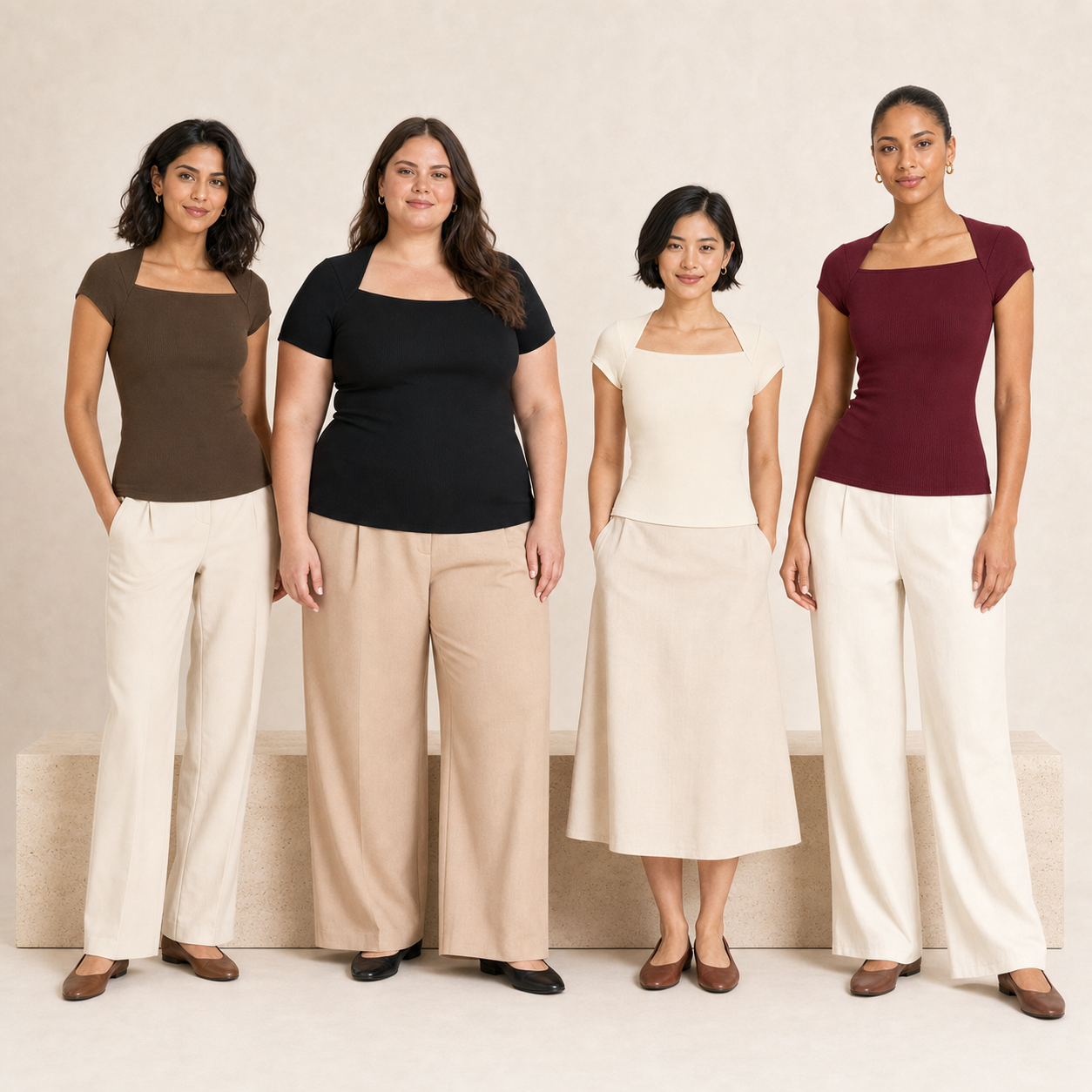Four women wearing square-neck tops in pack A colors