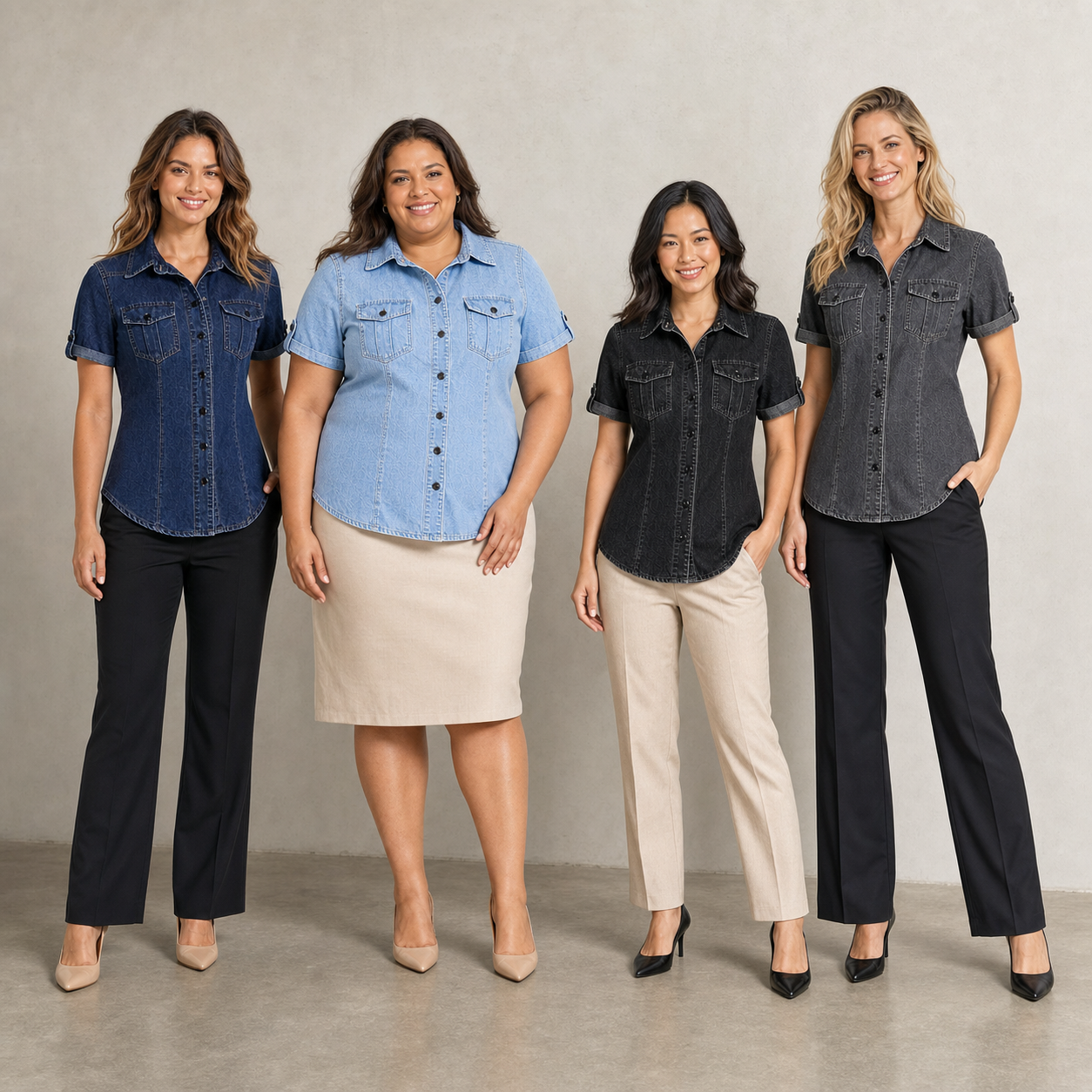 Four women wearing indigo light blue black and charcoal denim shirts