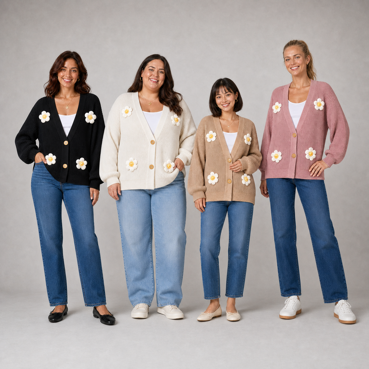 Four women wearing pack A daisy cardigan colors