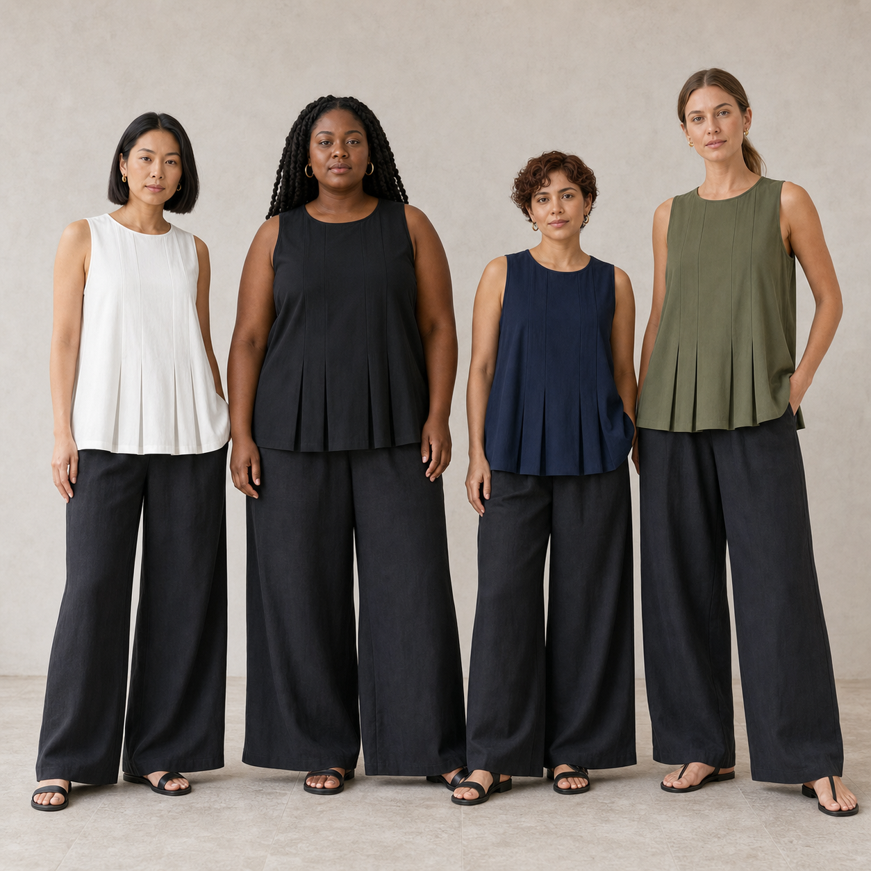 Four women wearing mixed four pack A pleated sleeveless tops