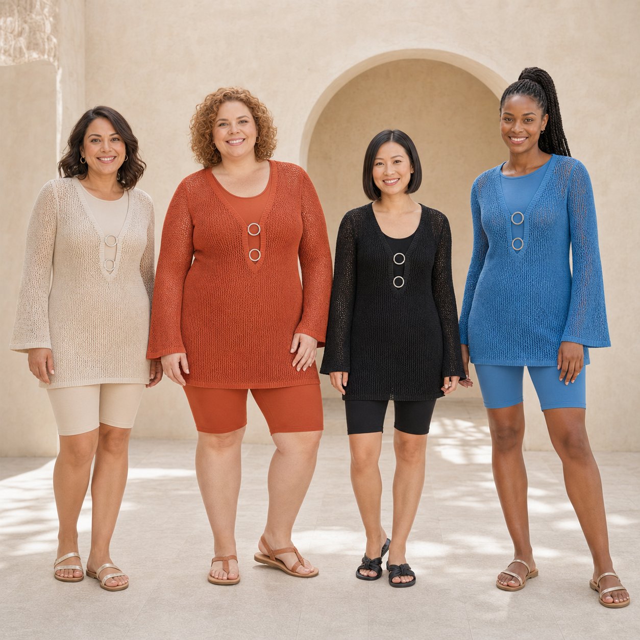 Four women wearing open-knit cover-up colors from mixed pack A