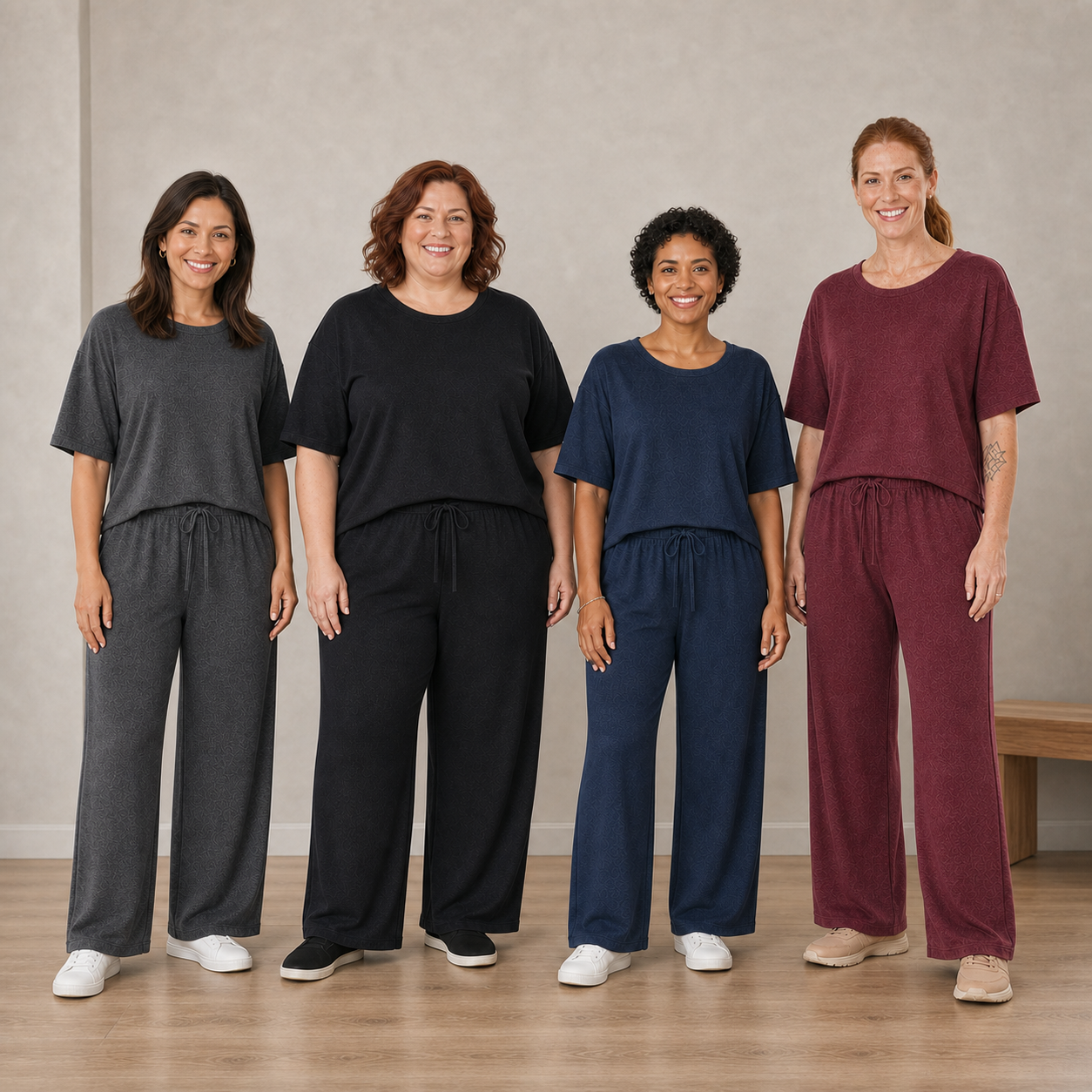Four women wearing charcoal black navy and burgundy lounge sets