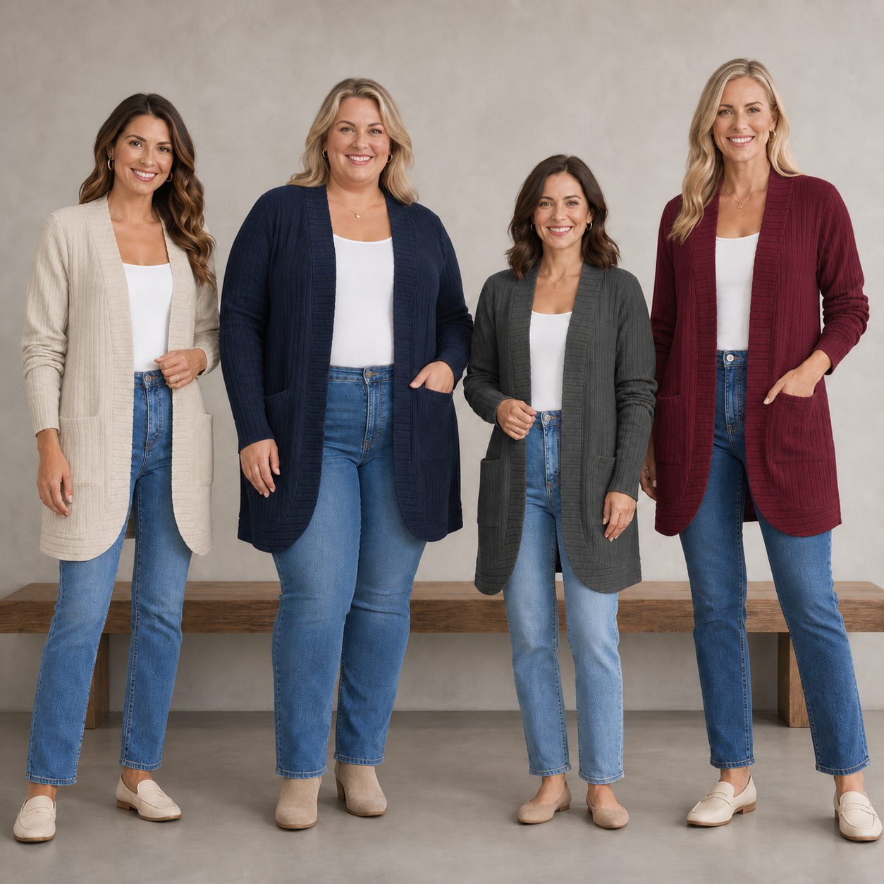 Four women wearing oatmeal navy charcoal and burgundy long cardigans