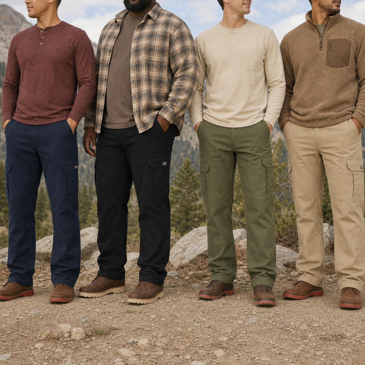 Men wearing the first four cargo pants colors outdoors