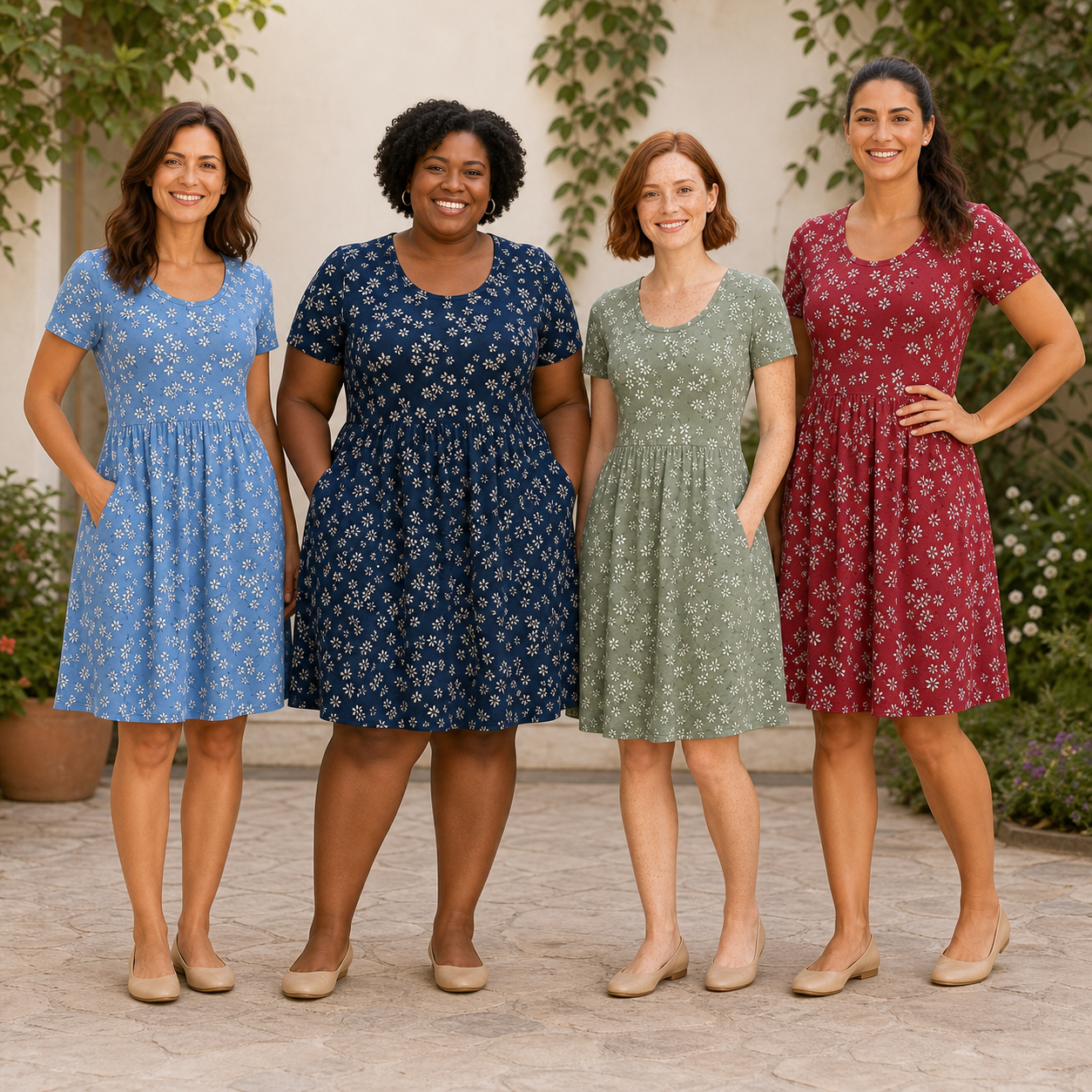 Four women wearing dusty blue navy sage and burgundy floral dresses