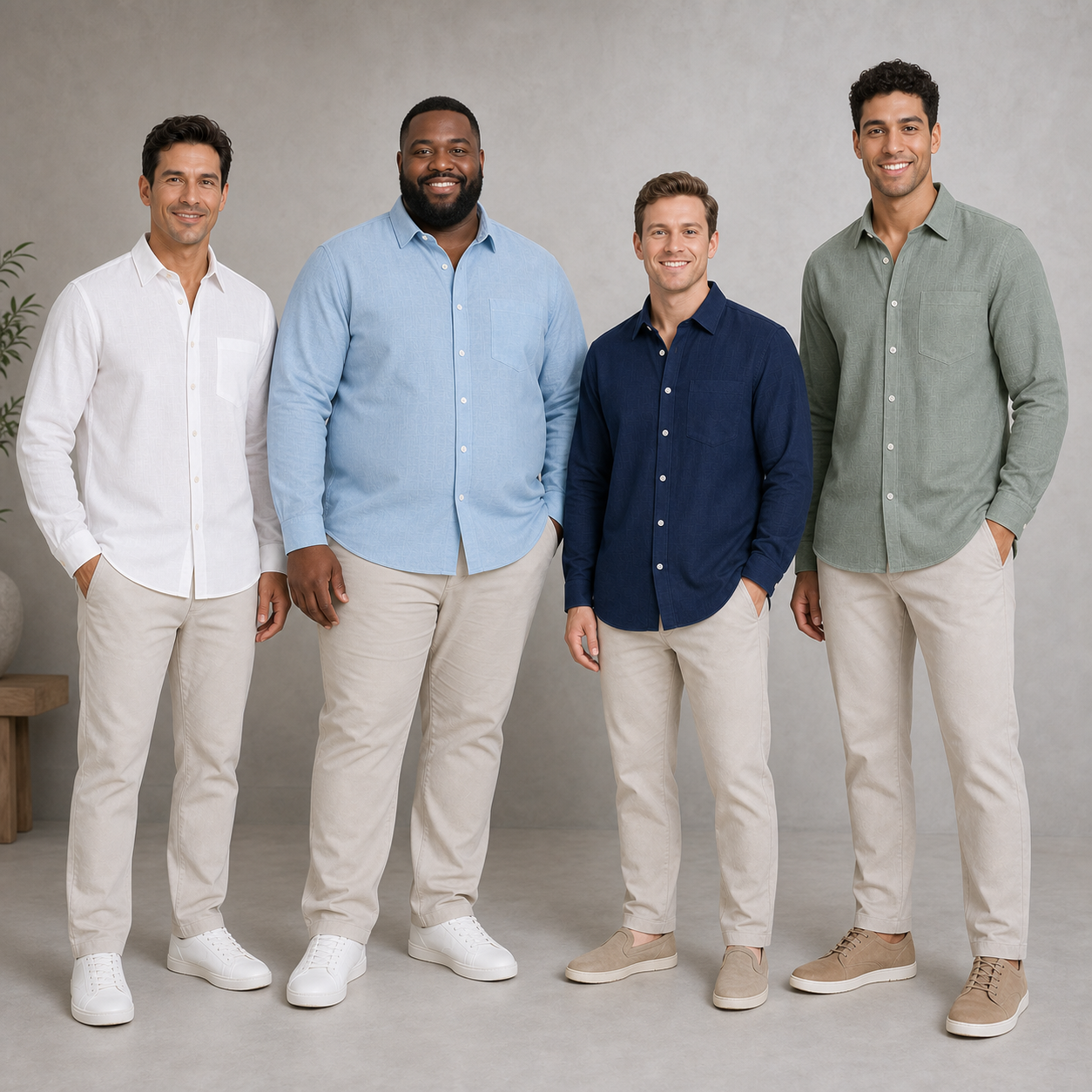 Four men wearing white sky blue navy and sage shirts