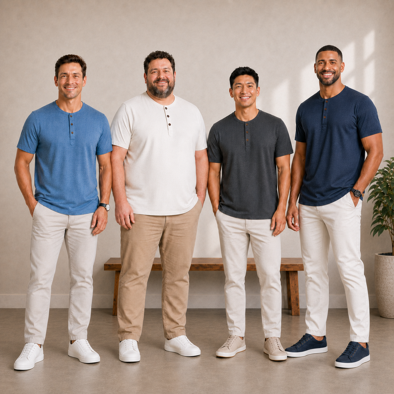 Four men wearing package A Henley colors