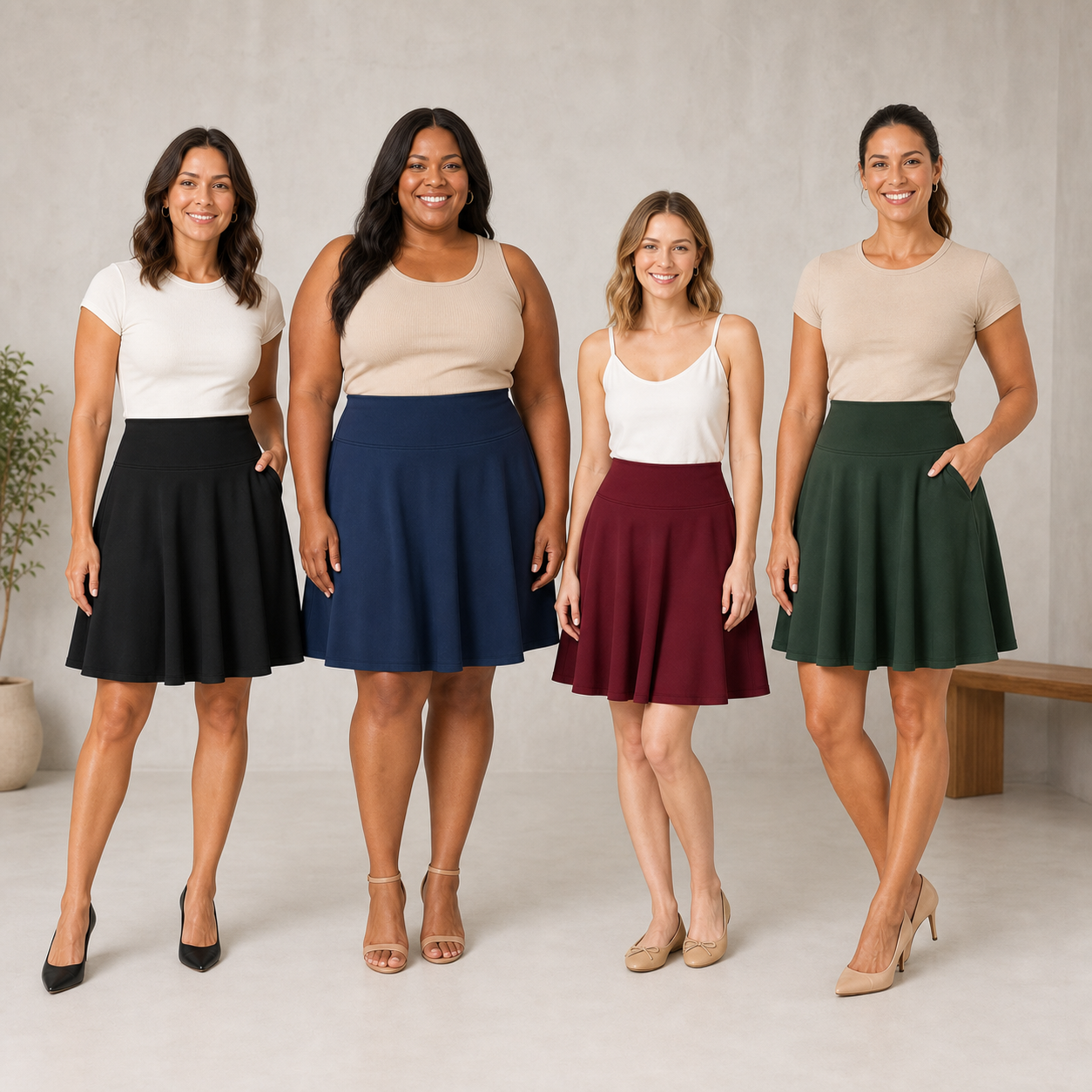 Four women wearing black deep navy burgundy and forest green skater skirts