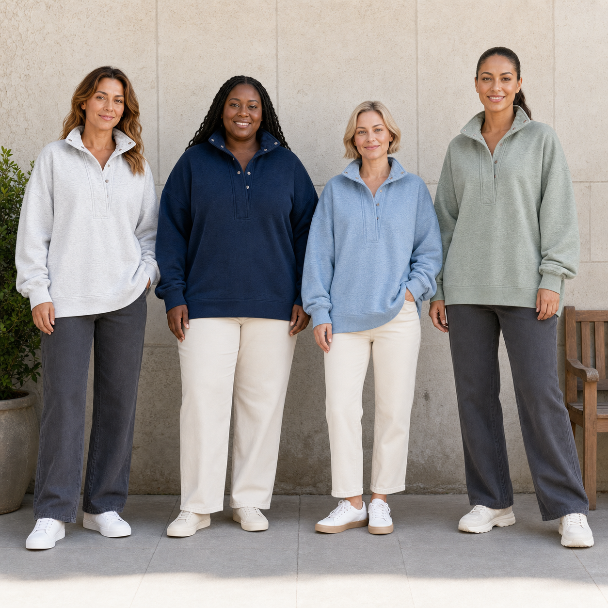 Four women wearing light gray navy dusty blue and sage pullovers