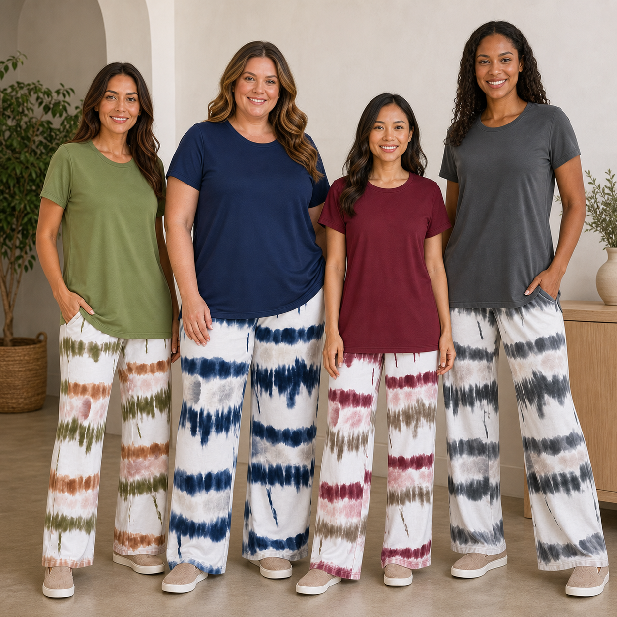 Four women wearing olive navy burgundy and charcoal lounge sets