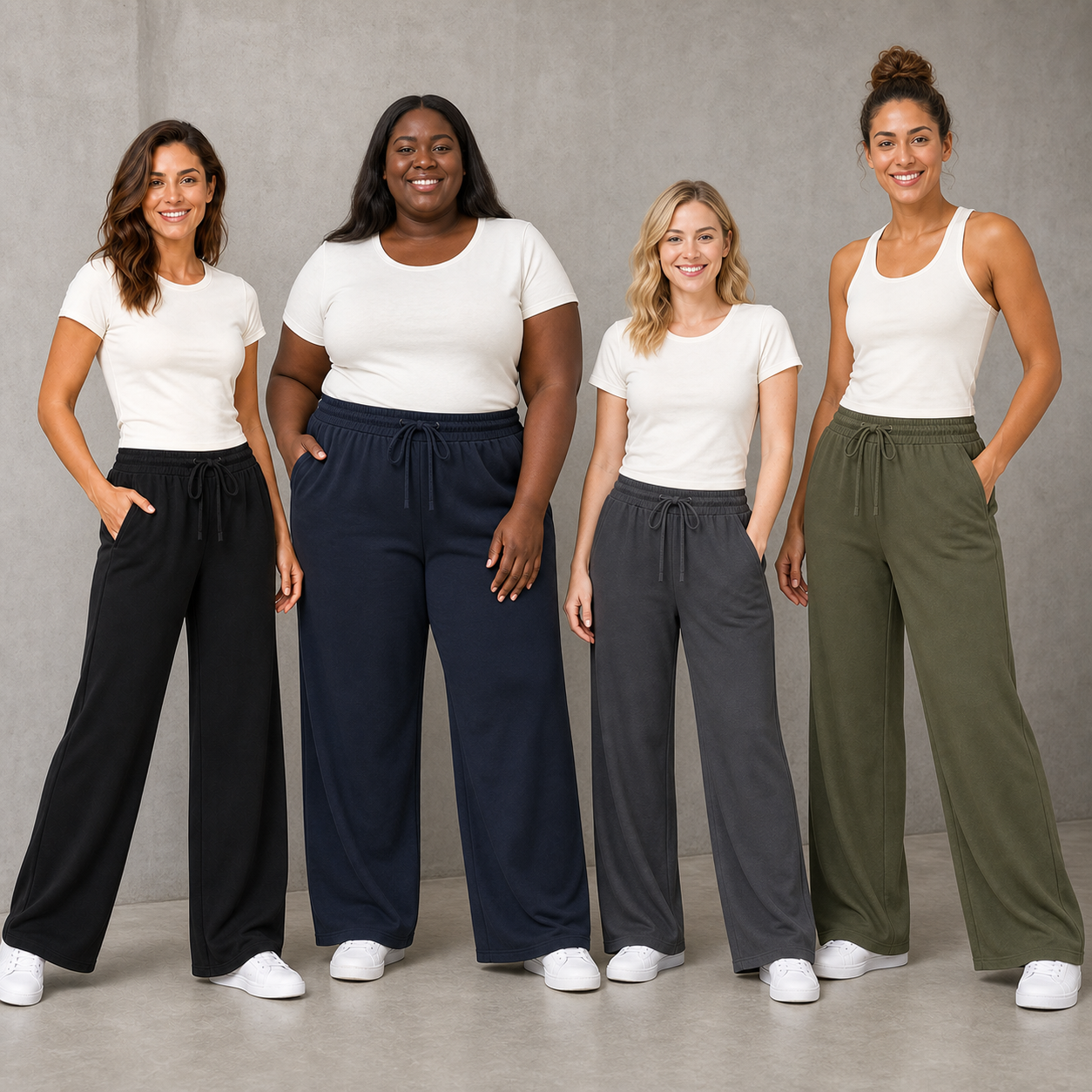 Four women wearing black navy charcoal and olive wide-leg pants