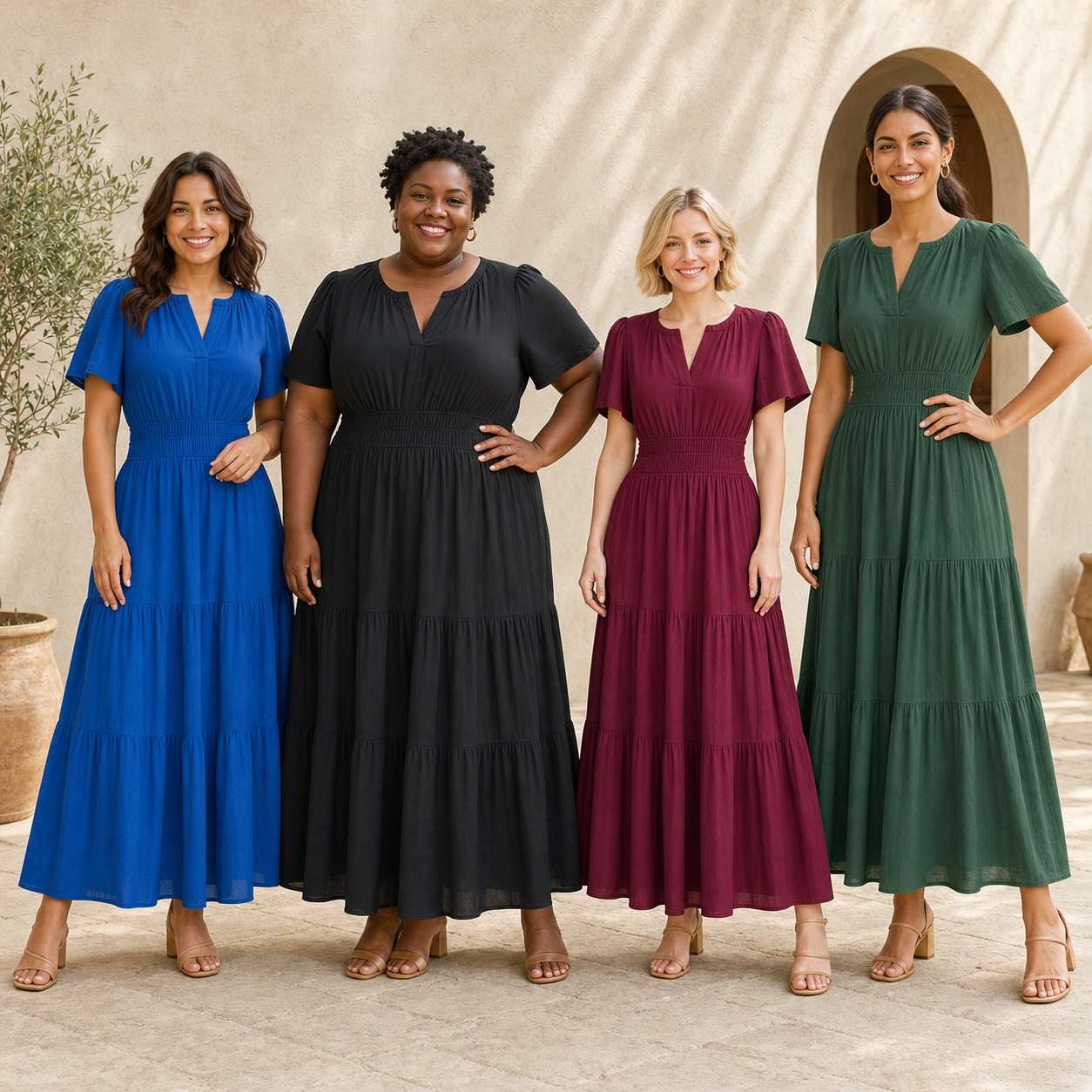 Four women wearing royal blue black burgundy and forest green maxi dresses
