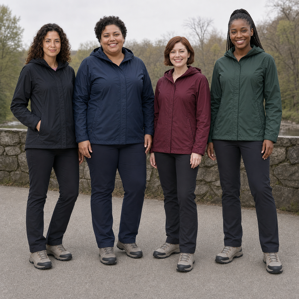 Women wearing black deep navy burgundy and forest green hooded jackets