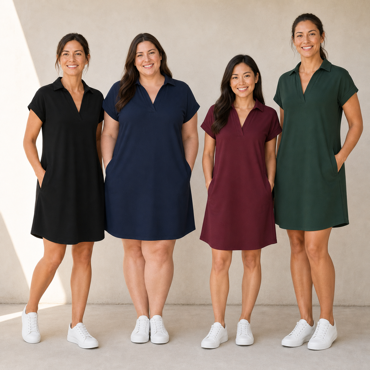 Four women wearing black navy burgundy and forest green pocket dresses