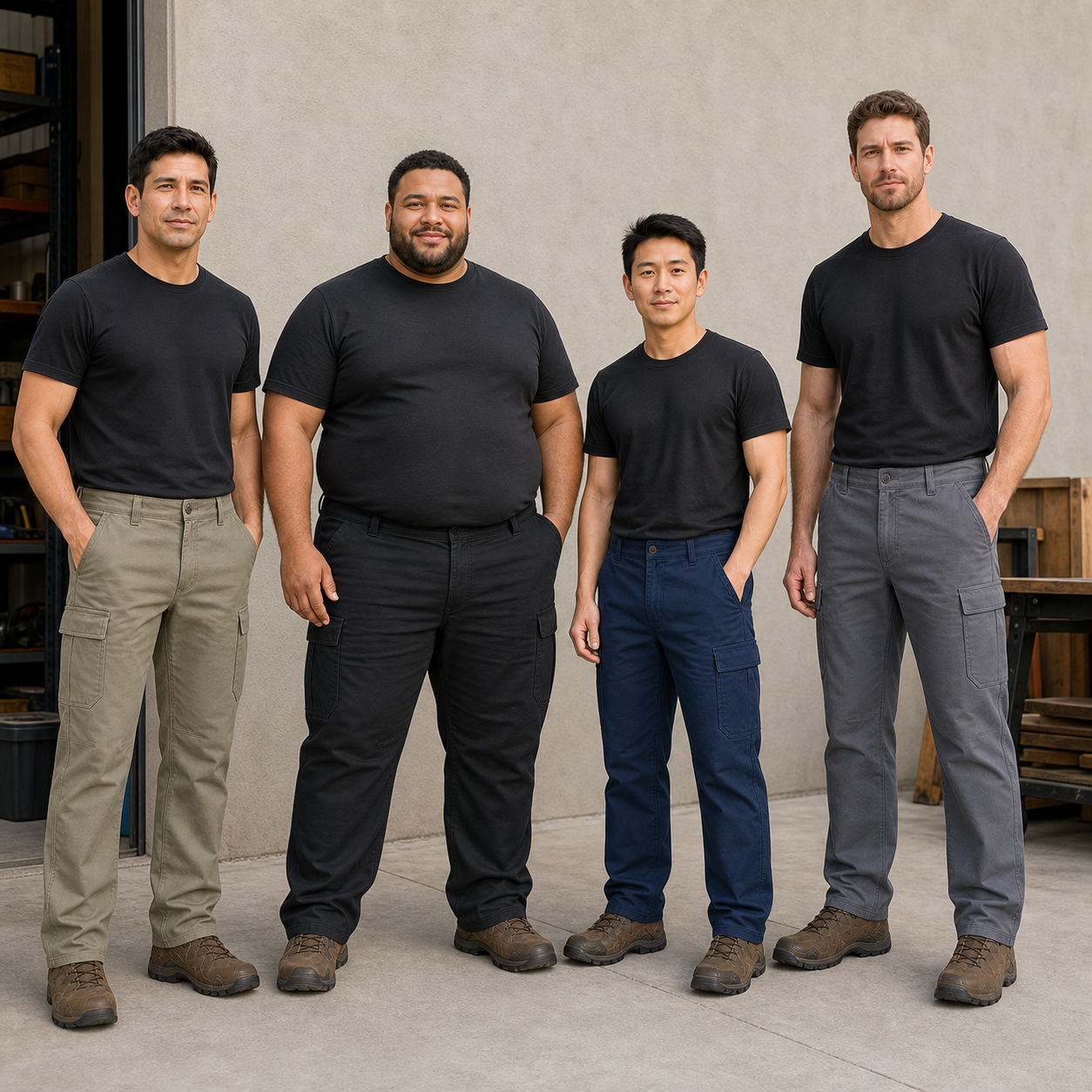 Four men wearing khaki black navy and charcoal cargo pants