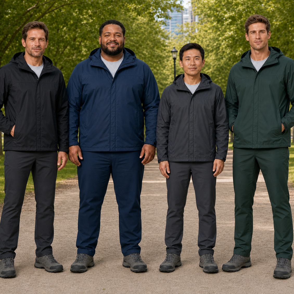 Men wearing black deep navy charcoal gray and forest green hooded jackets