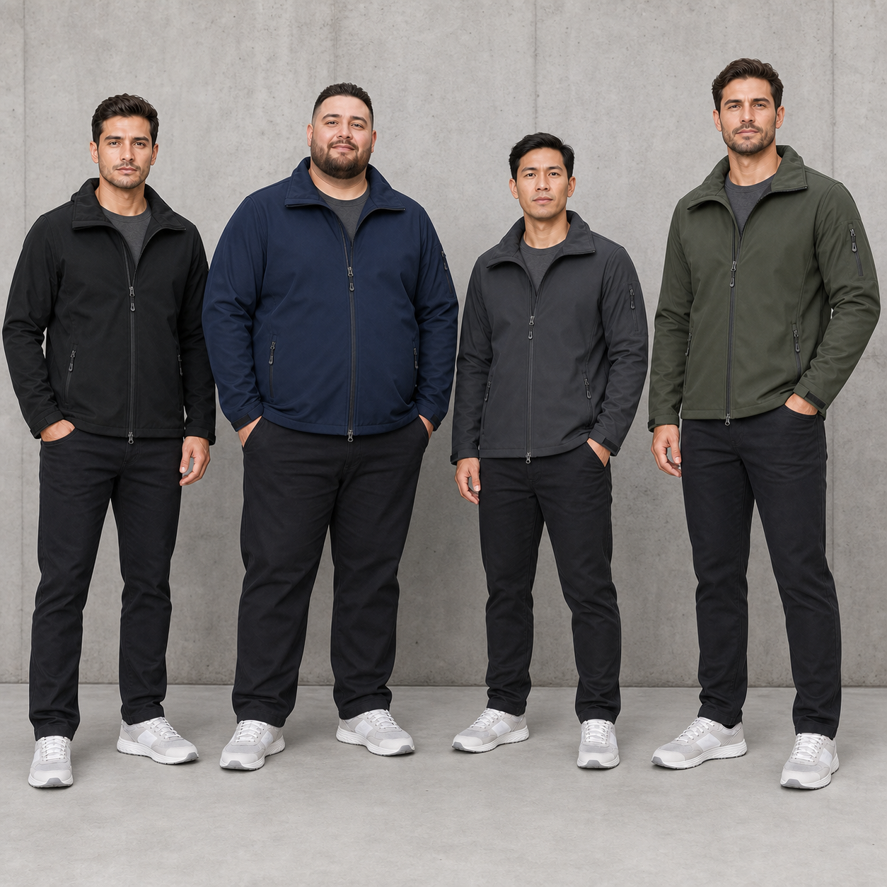 Four men wearing black navy charcoal and olive hooded jackets