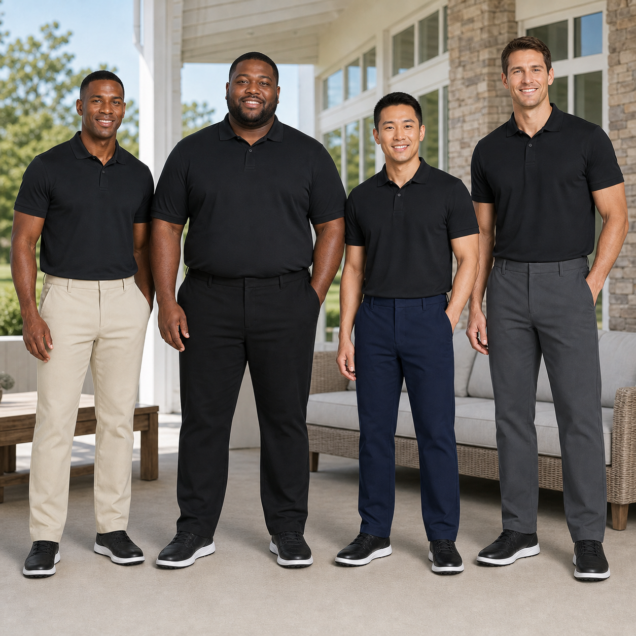 Four men wearing sand black navy and charcoal straight-leg pants
