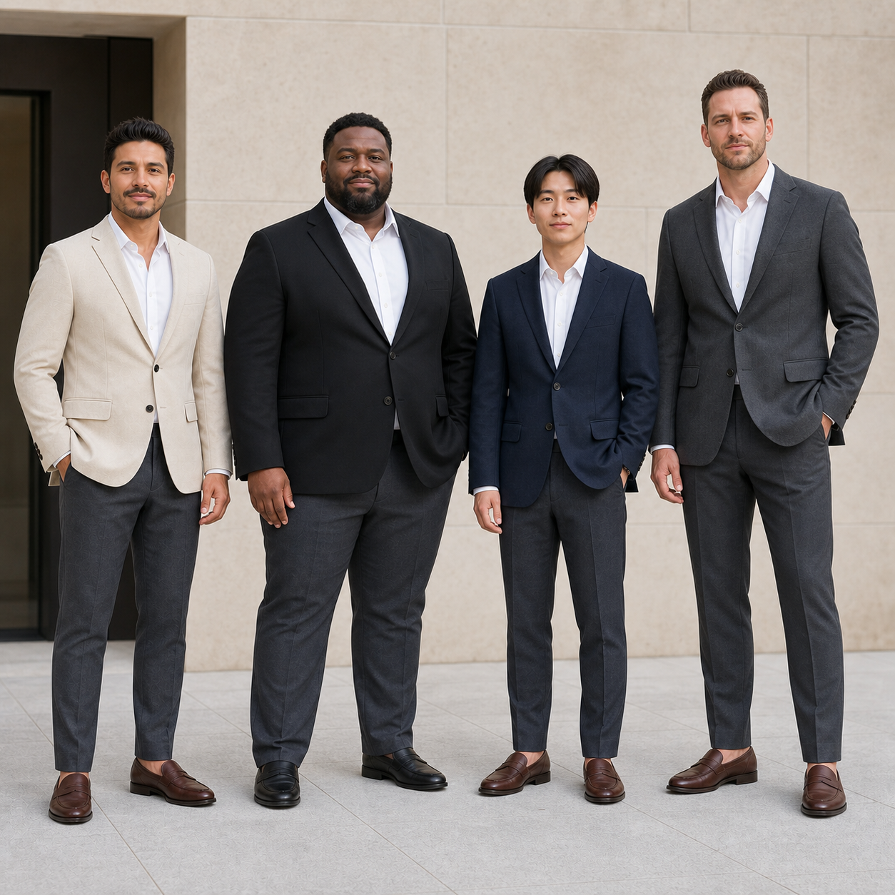 Four men wearing beige black navy and charcoal blazers