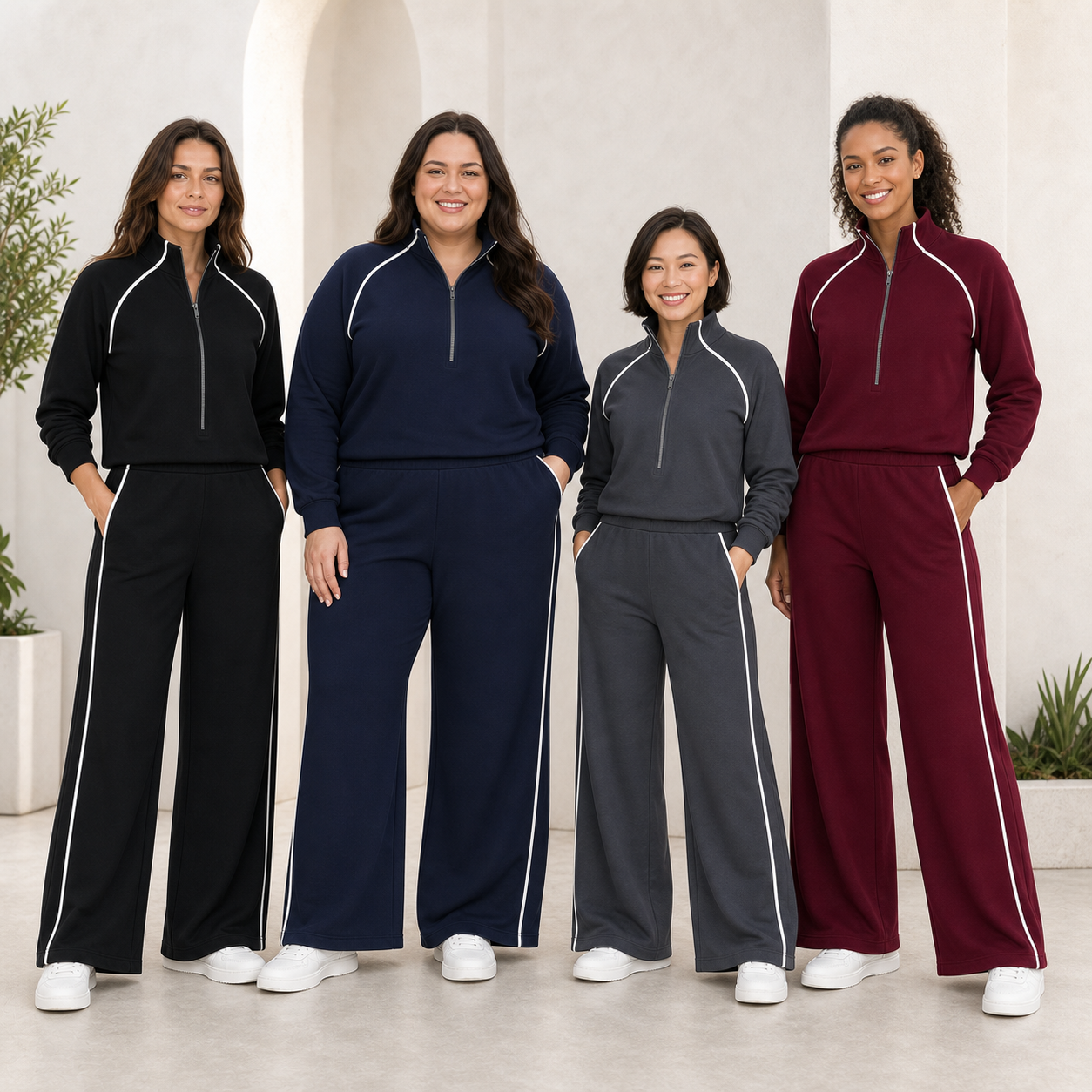 Women wearing black navy charcoal and burgundy piped sets