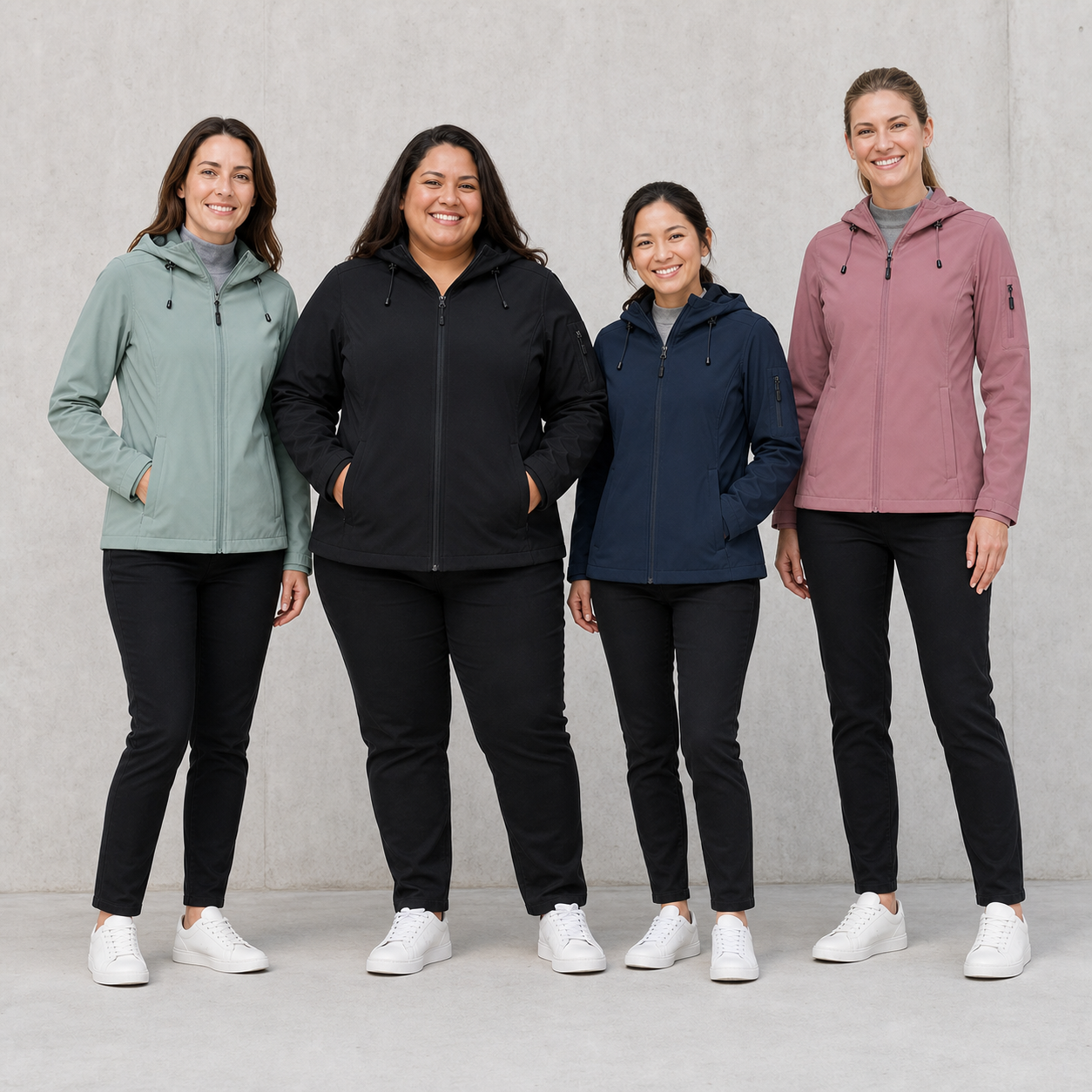 Four women wearing sage black navy and dusty rose rain jackets