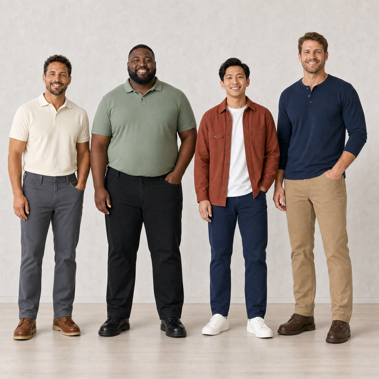 Four men wearing package A straight-fit pants colors